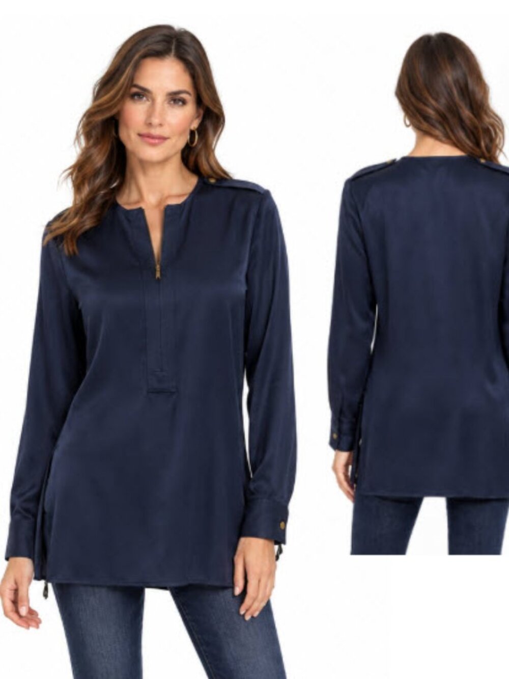 Steffen Schraut Silk Blouse Navy Blue Long Sleeve Top Tunic Size 36 Chic Preppy